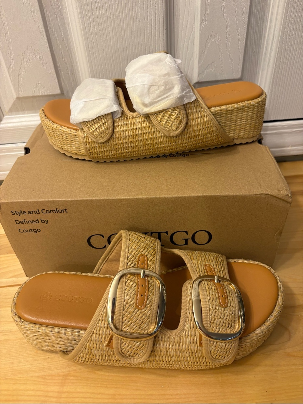 Coutgo Tan Woven Platform Slide Mules - Picture 5 of 9